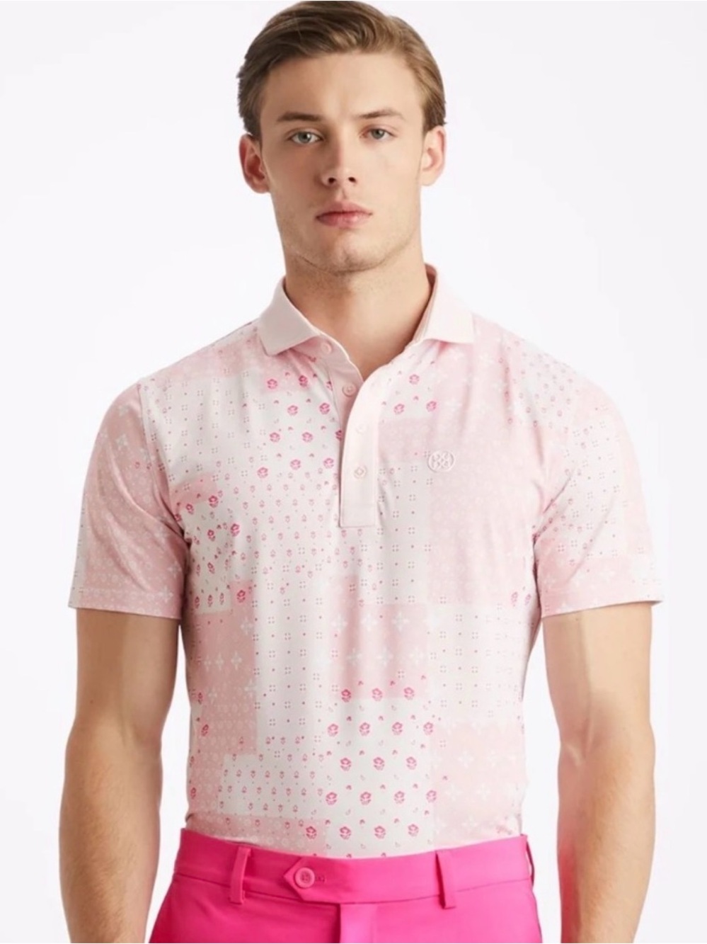 NWT G/FORE Men’s Pink Floral Patterned Polo Collared Shirt Small Golf